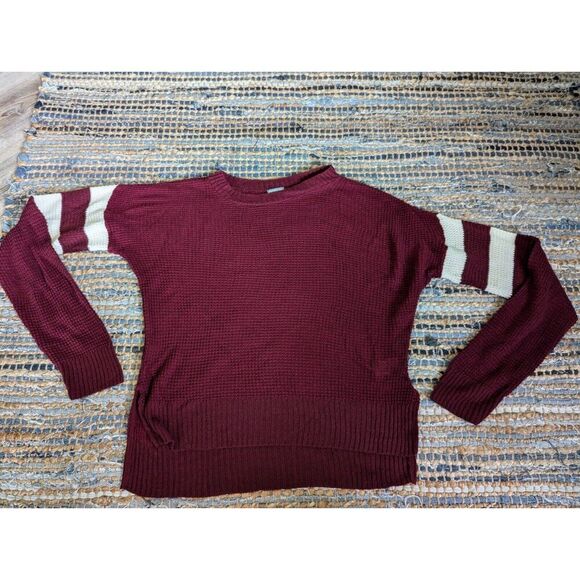 Burgundy Rugby Striped Open Knit High Low Sweater L Round Neck Lightweight Retro - Picture 2 of 8